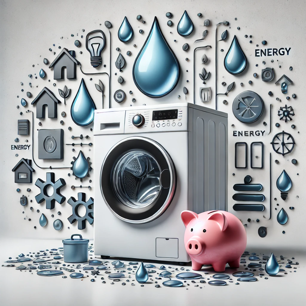 Nowoczesna pralka z symbolami oszczędzania wody i energii – idealny wybór dla domu