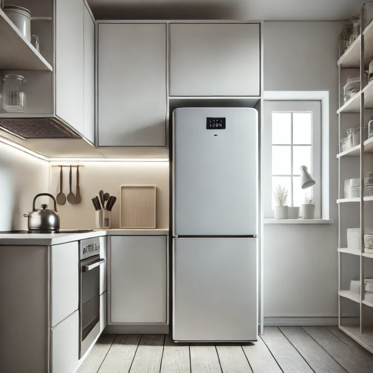 Ilustracja przedstawiająca małą, energooszczędną lodówkę wolnostojącą w kompaktowej kuchni. Lodówka o nowoczesnym wyglądzie, w kolorze białym lub stalowym, otoczona minimalistycznymi, funkcjonalnymi meblami kuchennymi. Jasne, naturalne światło wpada przez okno, tworząc przytulną i uporządkowaną przestrzeń idealną dla małego mieszkania.