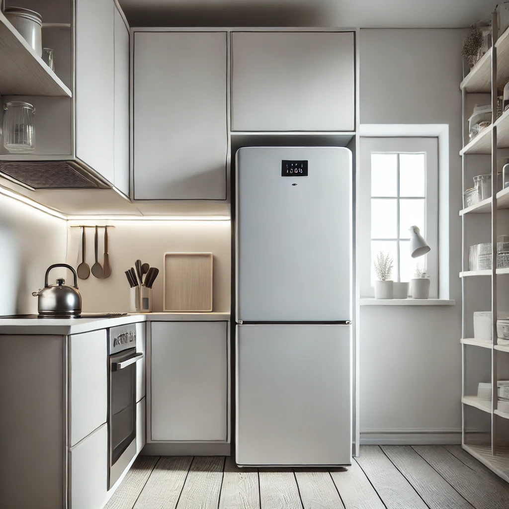 Ilustracja przedstawiająca małą, energooszczędną lodówkę wolnostojącą w kompaktowej kuchni. Lodówka o nowoczesnym wyglądzie, w kolorze białym lub stalowym, otoczona minimalistycznymi, funkcjonalnymi meblami kuchennymi. Jasne, naturalne światło wpada przez okno, tworząc przytulną i uporządkowaną przestrzeń idealną dla małego mieszkania.