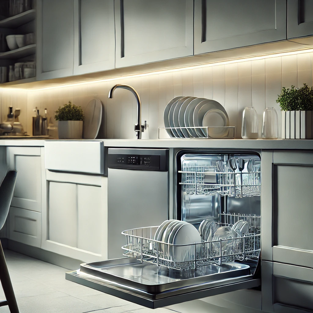 Nowoczesna kuchnia ze zmywarką do zabudowy, częściowo otwartą, ukazującą czyste naczynia wewnątrz. Eleganckie białe szafki, stylowy blat i delikatne oświetlenie podkreślają minimalistyczny, estetyczny wygląd wnętrza.