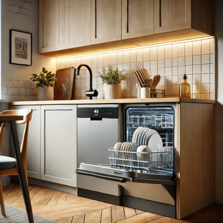 Nowoczesna kuchnia z kompaktową zmywarką do małych kuchni o szerokości 45 cm, umieszczoną obok szafki. Neutralne kolory, drewniane akcenty i ciepłe oświetlenie podkreślają funkcjonalność zmywarki w niewielkiej przestrzeni. Drzwi zmywarki są uchylone, ukazując czyste naczynia.